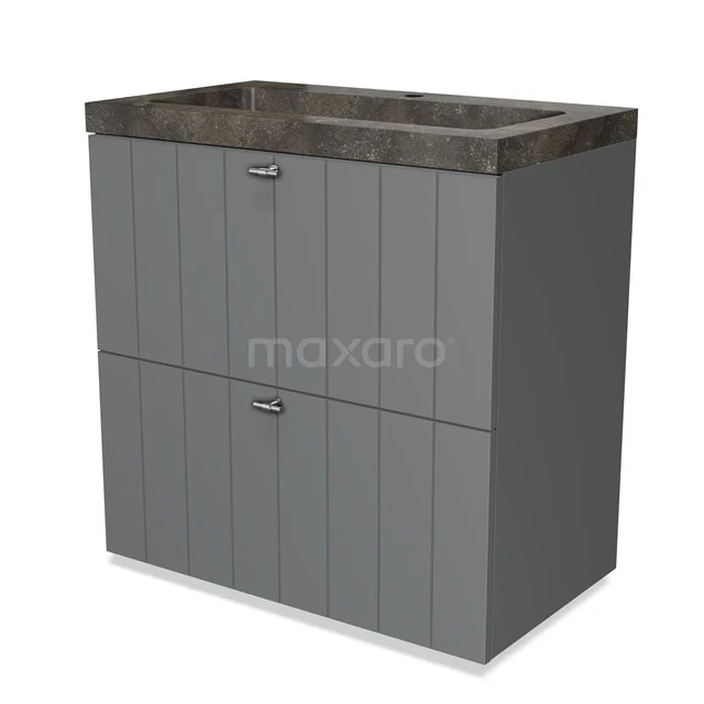 Grey bathroom furniture set with wooden fronts and plastic basin worktop, modern design, ideal for a stylish bathroom.