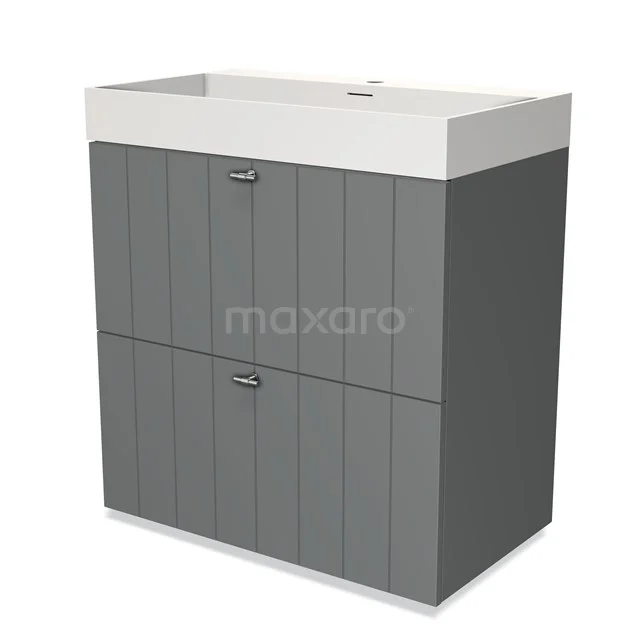 Grey wooden basin base cabinet with vertical stripes and two drawers, perfect for a stylish and organised bathroom.
