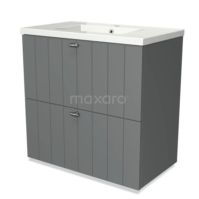 Grey bathroom furniture set with vertical lines, ceramic basin and two drawers, stylish and practical for modern bathrooms.