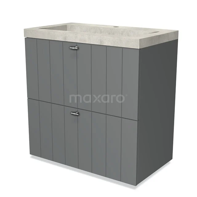 Grijze badkamerkast met dubbele lades, verticale lijnen, en natuursteen wastafel; modern design, ideaal voor badkameropslag.