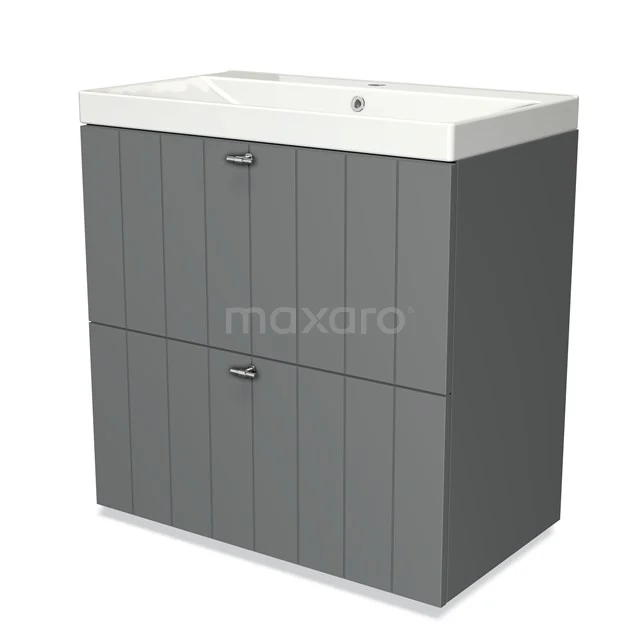 Grijze badkamerkast met witte keramische wastafel, twee deuren en moderne verticale lijnen voor stijlvolle opbergruimte.