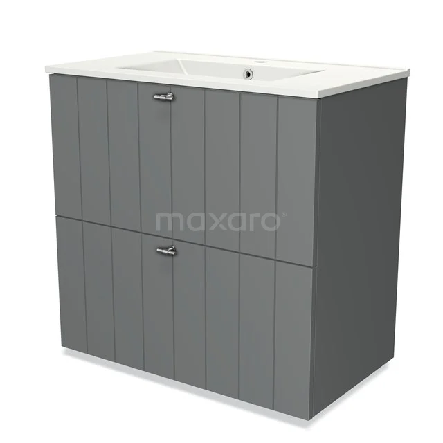 Grijze badkamerkast met verticale panelen, keramische wastafel en twee lades, modern design voor stijlvolle badkamerinrichting.