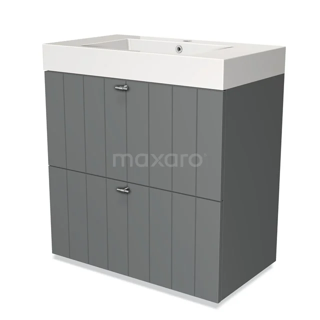 Grijze badkamermeubelset met verticale groeven, dubbele lades en witte keramische wastafel. Modern en functioneel design.