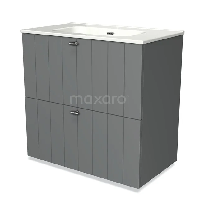 Grey bathroom furniture set with vertical grooves, double drawers and ceramic basin, modern and stylish design.