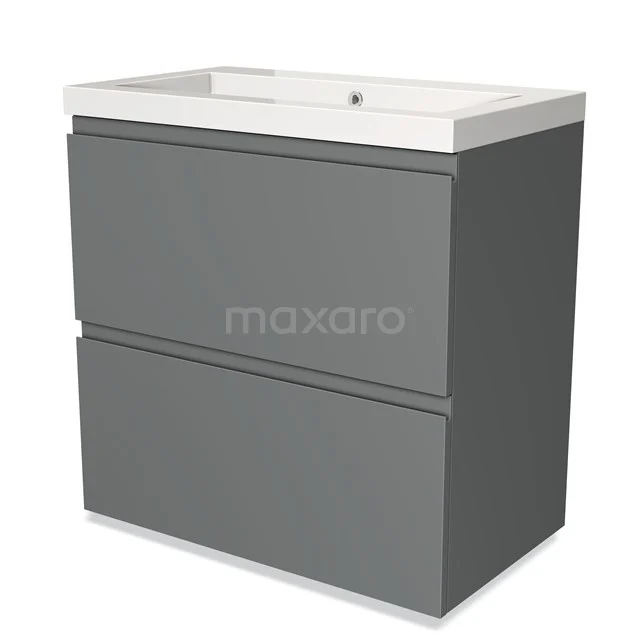 Grijze badmeubelset met twee ladekasten, witte wastafel en moderne afwerking, ideaal als elegante badkameroplossing.