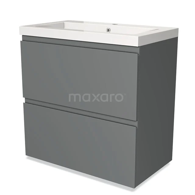 Grijze badkamerkast met wasbak, strak design, twee lades, ideaal voor moderne badkameropslag.