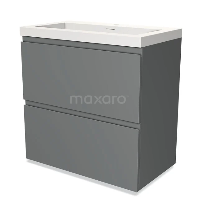 Grijze badkamermeubelset met twee lades, modern design en keramische wastafel, ideaal voor een stijlvolle badkamer inrichting.