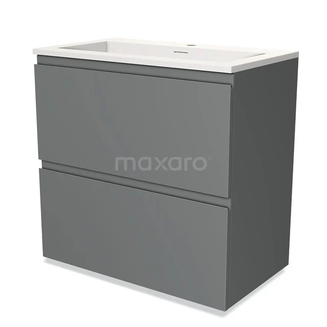 Grijze badkamerkast met twee lades, moderne styling, stevige afwerking en witte wastafel; ideaal voor een stijlvolle badkamer.