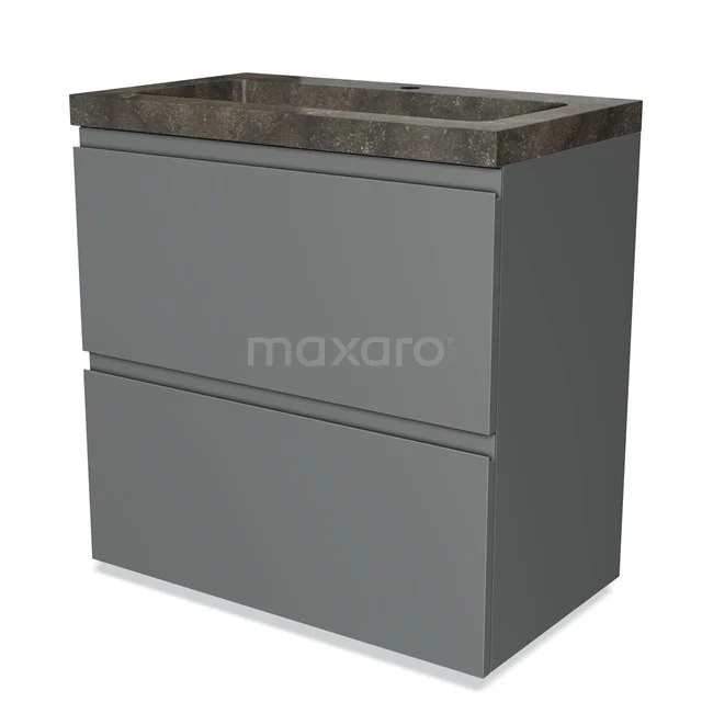 Graue Badmöbel mit zwei Schubladen und einer dunklen Marmor Waschtischplatte, moderner Look für stilvolle Badezimmergestaltung.