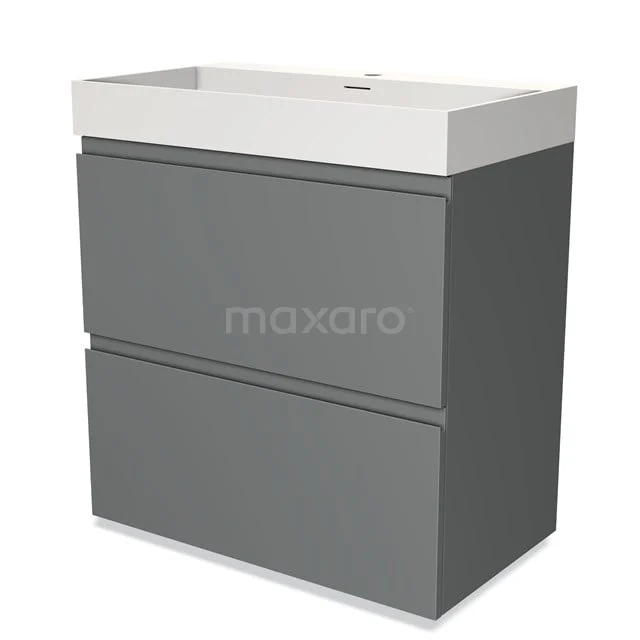 Graue Badmöbelset mit zwei Schubladen und weißem Waschbecken, modernes Design aus hochwertigem Material.