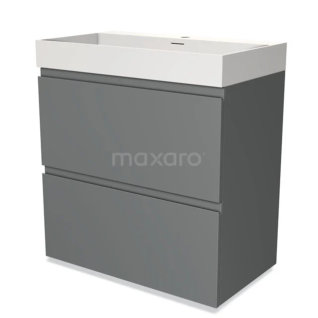 Grijze badkamermeubelset met twee lades en witte wastafel, strak design van hoogwaardig materiaal.