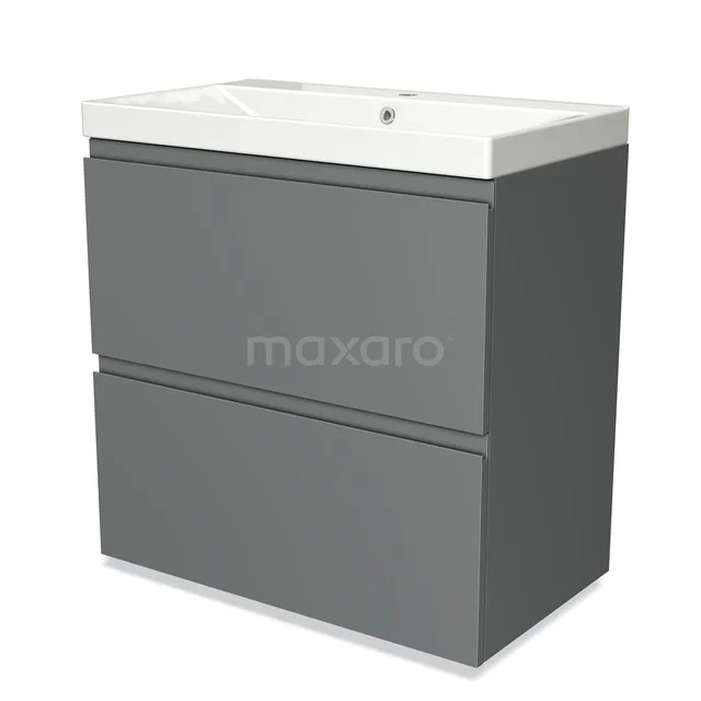 Grijze badkamermeubelset met twee lades en witte keramische wastafel, strak design voor moderne badkamers.
