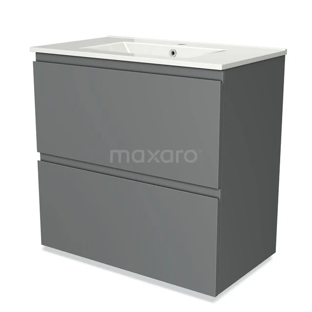 Grijze badkamermeubelset met twee lades, modern design en geïntegreerde witte wastafel in keramiek.