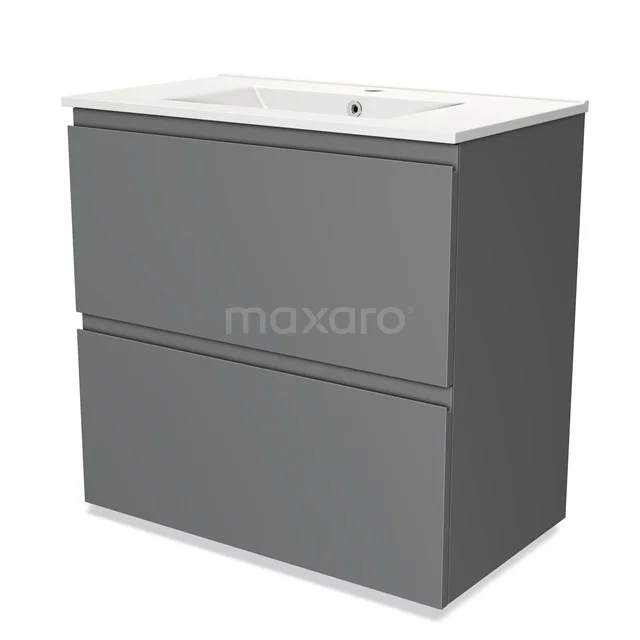 Grijze badkamermeubelset met strakke lijnen, twee lades en een witte wastafel, ideaal voor een moderne badkamerstijl.
