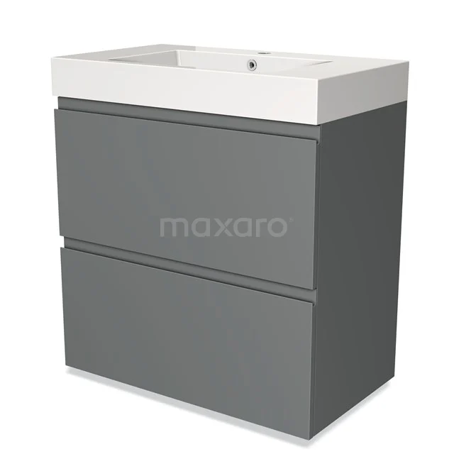 Grijze badkamermeubelset met witte wastafel, modern design, twee lades en strakke afwerking voor een stijlvolle badkamer.