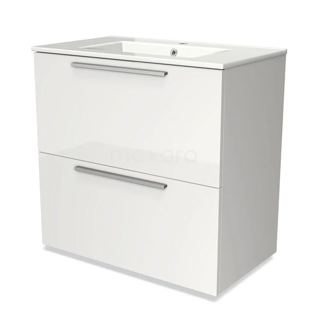 Badmöbel 80cm Modulo Hochglanz Weiß 2 hohe Schubladen Flaches Waschbecken Keramik BMW13-00097 Weißes Badezimmermöbel mit zwei Schubladen, glänzender Oberfläche und metallischen Haltegriffen, einschließlich integriertem Waschbecken