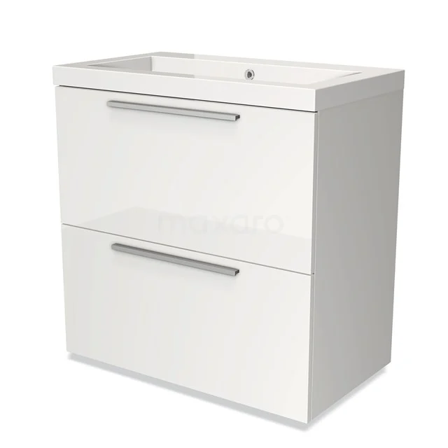 Wit badkamermeubel met 2 lades, strakke handgrepen, modern design en keramische wastafel, ideaal voor compacte badkamers.