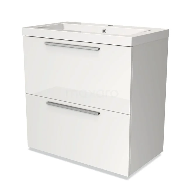 Wit badkamermeubel met twee lades, modern design en geïntegreerde wastafel, ideaal voor een strakke badkamerinrichting.