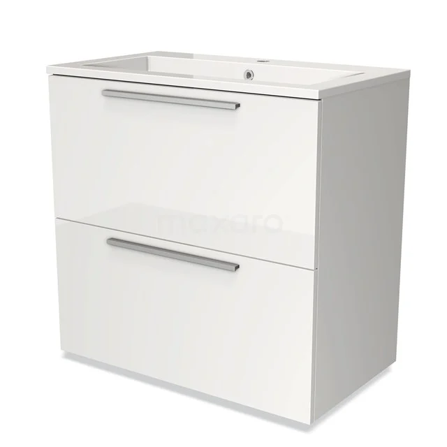 Wit badkamermeubel met twee lades, strakke handgrepen en keramische wastafel, perfect voor moderne badkamerinrichting.