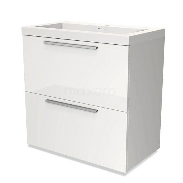 White bathroom unit with two drawers, modern design, with chrome handles and ceramic basin.