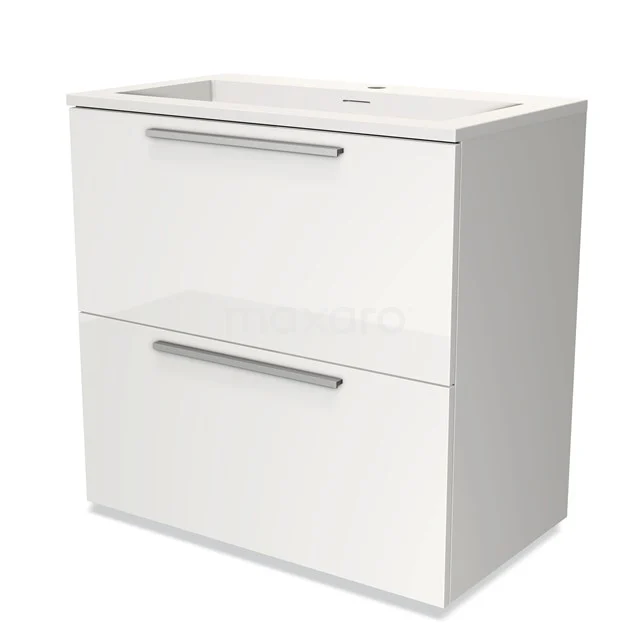 Wit glanzend badkamermeubel met twee lades en chromen handgrepen, strak design, perfect voor moderne badkamers.