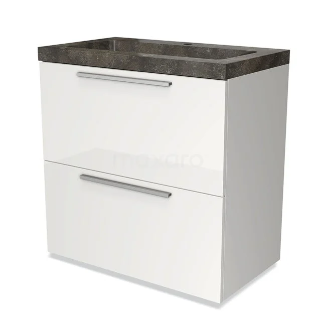 Weißes Badezimmermöbel mit zwei Schubladen, Chrom Haltegriffen und dunklem Natursteine Platte, modernes Design.