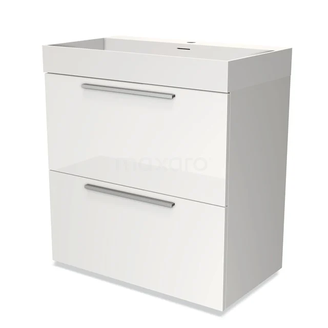 Wit badkamermeubel met twee lades, strakke grepen en glanzende afwerking, ideaal voor moderne badkameropslag.
