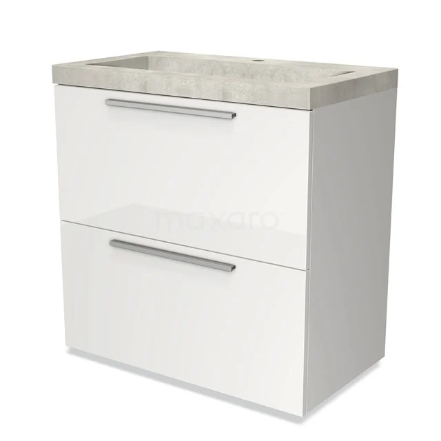 White bathroom unit with two drawers, modern silver handles and stone basin worktop, ideal for stylish bathrooms.
