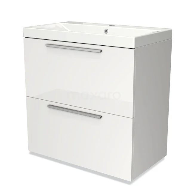 Wit badkamermeubel met twee lades, modern design, glanzende afwerking en geïntegreerde wastafel.