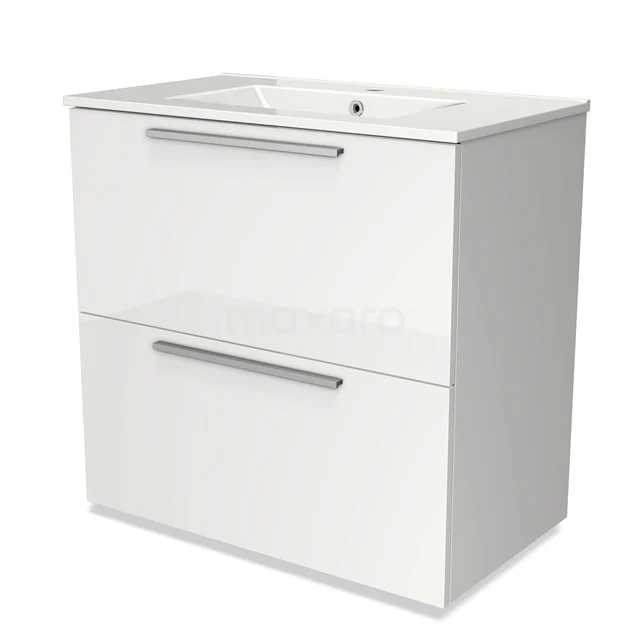 Wit zwevend badkamermeubel met twee lades, chroomgrepen en keramische wastafel, modern design voor een stijlvolle badkamer.