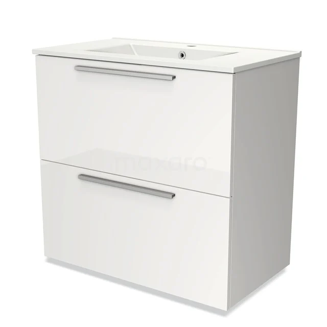 Wit hoogglans badkamermeubel met dubbele lade, metalen handgrepen en geïntegreerde wastafel, geschikt voor moderne badkamers.