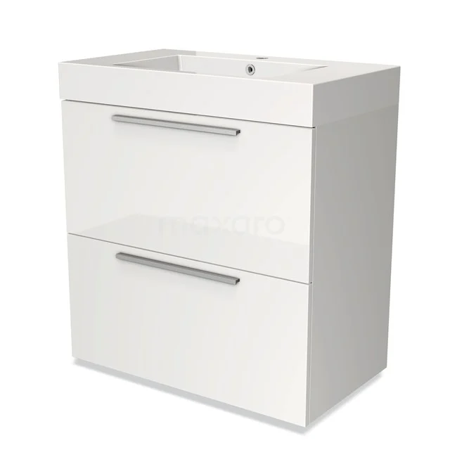 White vanity unit with glossy finish, two drawers and integrated basin suitable for modern bathroom design.
