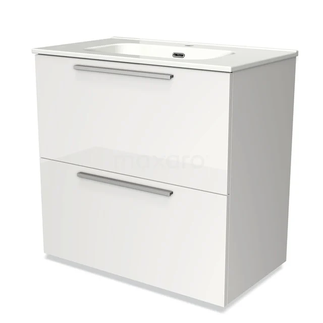 Weißes Badezimmermöbel mit keramischem Waschbecken, zwei breiten Schubladen und schlichten metallischen Haltegriffen. Perfekt für ein modernes Badezimmer.