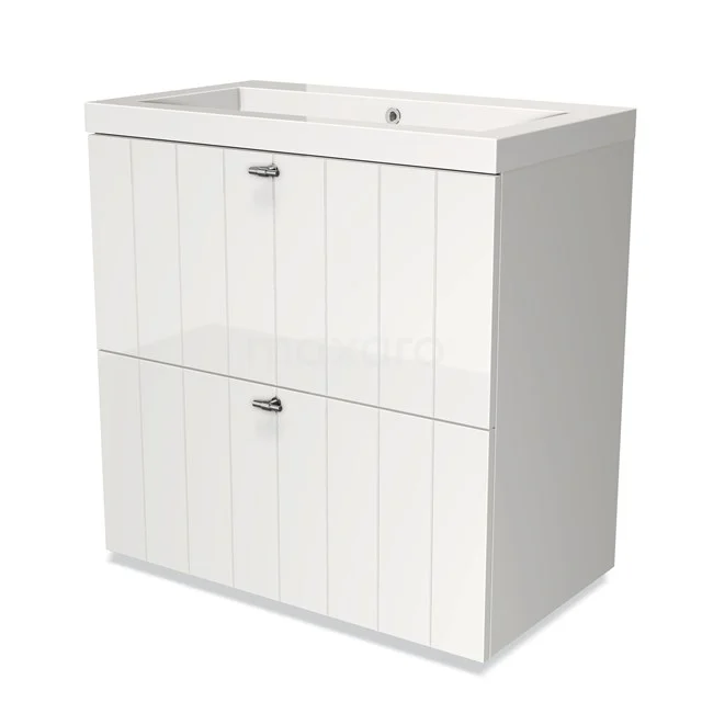 White wooden bathroom unit with grooved panels, two drawers and a ceramic vanity units with basin, ideal for stylish storage space.
