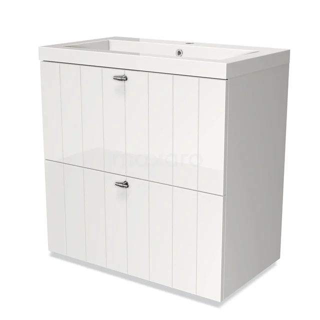 Modulo Vanity units with basin | 80 cm High-gloss white Slat front Mineral marble 2 stacked drawers under each other BMW13-00115 White wooden bathroom unit, two drawers with vertical lines, ceramic vanity units with basin and chrome handles. Modern and practical.
