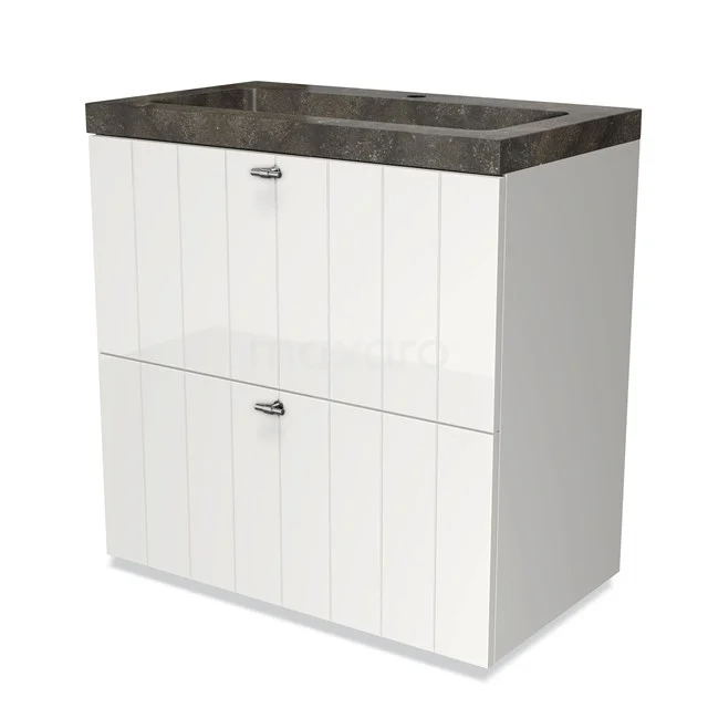 Weißes Badezimmermöbel mit Holzlook Waschbecken, Zweischubladen-Design und modernen Haltegriffen, ideal für stilvolle Aufbewahrungslösungen.