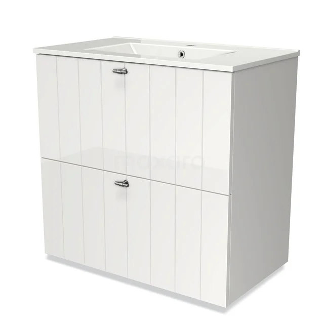 White Bathroom unit with two drawers and integrated sink, modern high-gloss MDF finish, ideal for compact bathrooms.