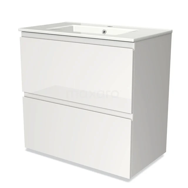 Wit badkamermeubel met 2 lades, glanzend afwerking, ingebouwde wastafel, perfect voor moderne badkamerinrichting.