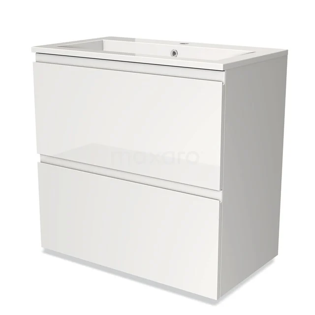 Wit badmeubel met twee softclose lades, modern design, hoogglans afwerking, ideaal voor compacte badkamers.
