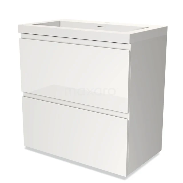 Witte badkamerkast met wastafel, modern design, twee lades, perfect voor badkameropslag.