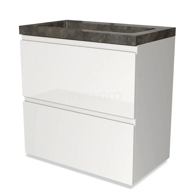 Weißes Badezimmermöbel mit zwei Schubladen und schwarzer Naturstein-Waschtischplatte, modernes Design für stilvolle Badezimmergestaltung.