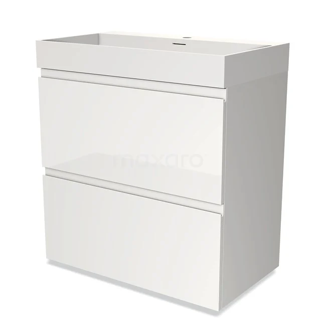 Weißes freistehendes Badmöbel mit zwei grifflosen Schubladen und einem rechteckigen Aufsatzwaschbecken, modernes Design aus Hochglanzmaterial.