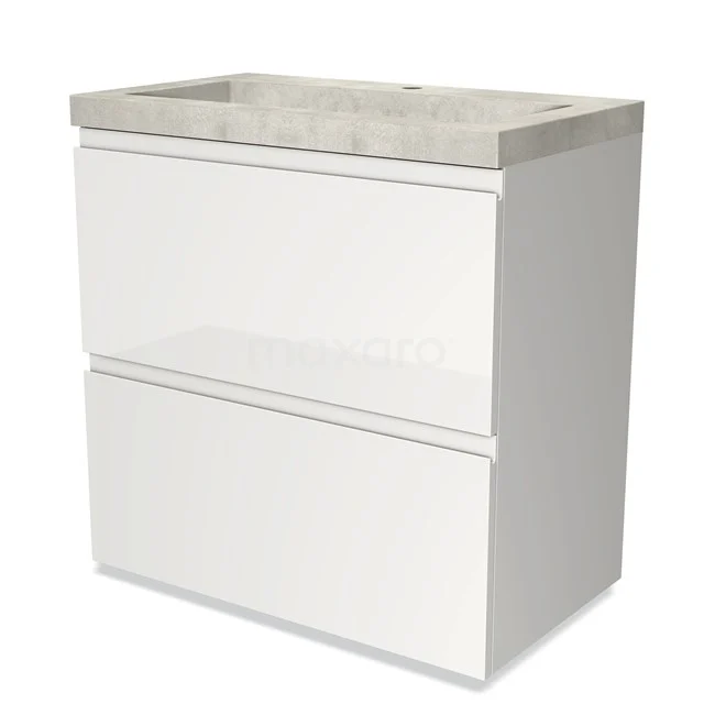 Weißes Badezimmermöbel mit zwei grifflosen Schubladen und Betonlook Waschbecken, ideal für einen modernen Badezimmerstil.