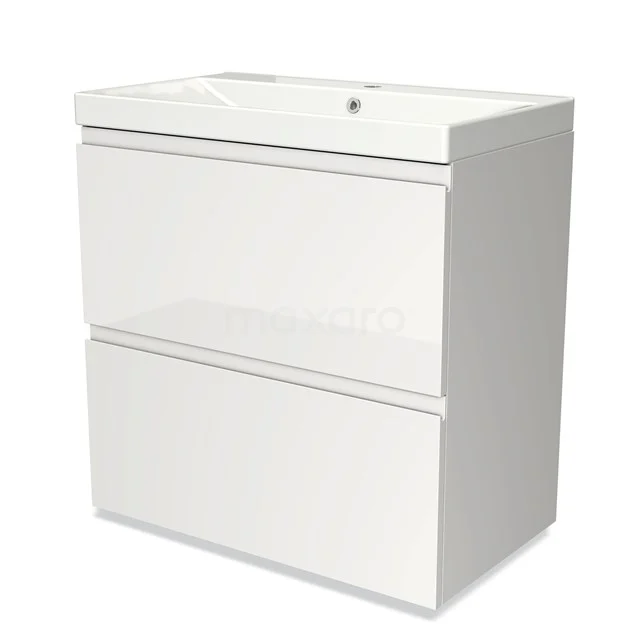 Wit hangend badkamermeubel met keramische wastafel, twee softclose lades en strak design voor moderne badkamers.