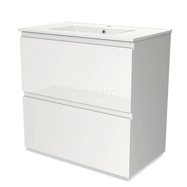 Wit badkamermeubel met twee lades en geïntegreerde keramische wastafel, modern design en hoogglans afwerking.