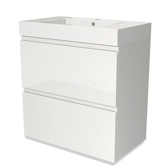 Wit badkamermeubel met twee laden, glanzende afwerking en geïntegreerde wastafel, modern design.