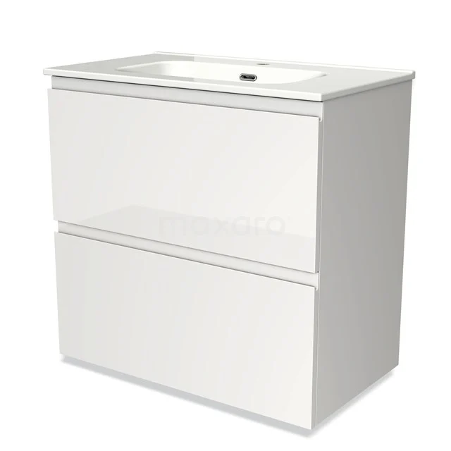 Witte badkamermeubelset met twee lades, glanzende afwerking en geïntegreerde wastafel, ideaal voor moderne badkamers.