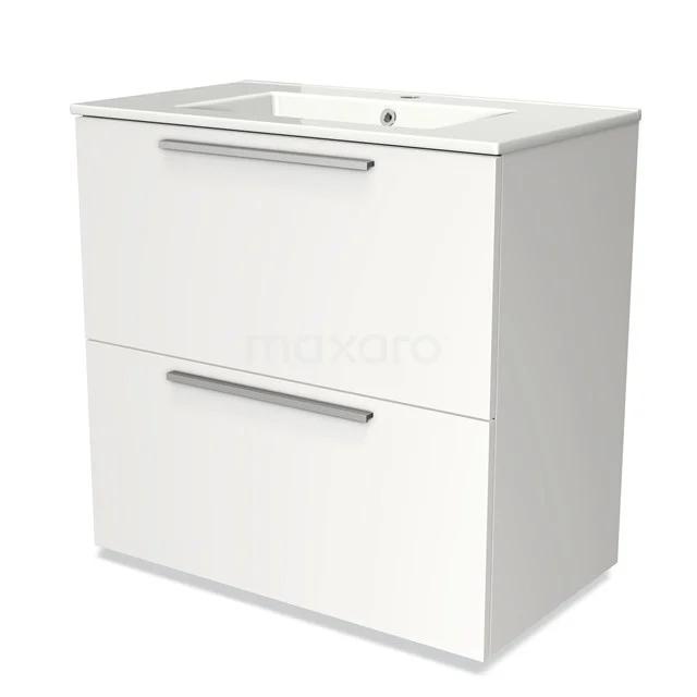 Weißes Badezimmermöbel mit zwei Schubladen, schlichten Metallhaltegriffen und integriertem Waschbecken, modernes Design aus nachhaltigen Materialien.