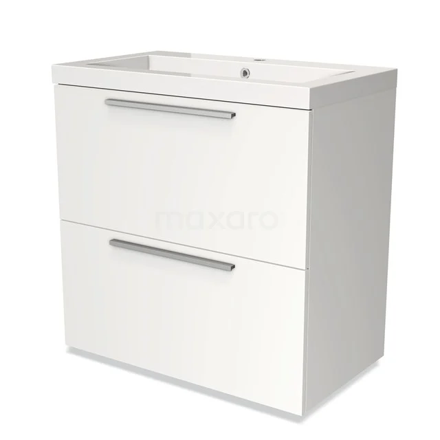 White bathroom furniture set with two drawers, metal handles and ceramic basin, modern design for a stylish interior.