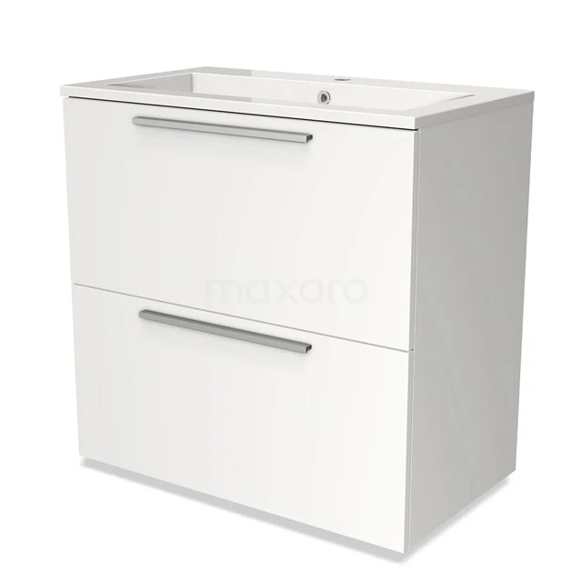 Wit badkamermeubel met twee lades, metalen handgrepen en geïntegreerde wastafel; strak design voor moderne badkamers.